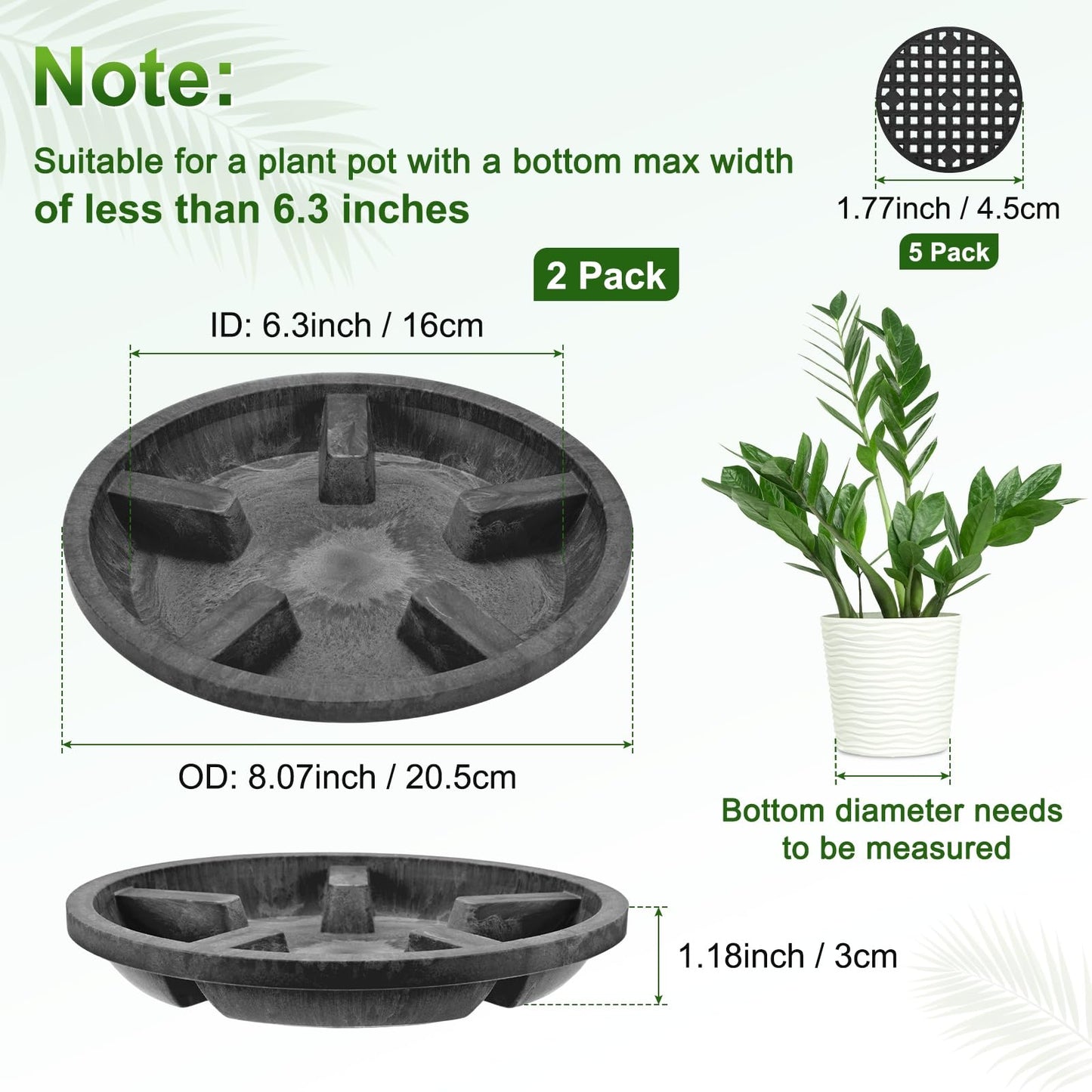 M METERXITY 2-Pack Plant Saucer, 6.3 Inch/16 cm Plastic Plant Trays Thicker for Pots/Indoor/Outdoor/Water Drainage and Protection, Flowerpot Drip Tray [Black Clay]