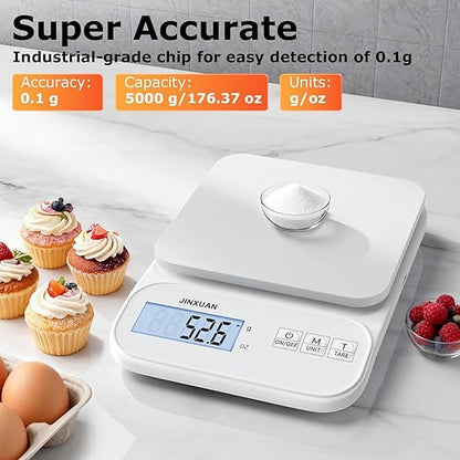 Kitchen Scale Food Scale 5kg/0.1g Digital Scale Food Weighing Scale for Cooking Baking Weight Loss, Rechargeable Coffee Scale Precision Baking Scale with Large Backlit LCD Display, USB Cord