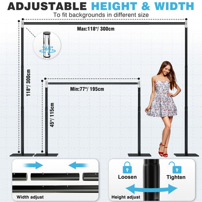 Gsskny Pipe and Drape Backdrop Stand, 10x10ft Heavy Duty Backdrop Stand with Metal Base, Adjustable Height & Width, Black Background Holder for Wedding Photography Birthday Party Baby Shower Decor（Capacity of up to 25 lbs）