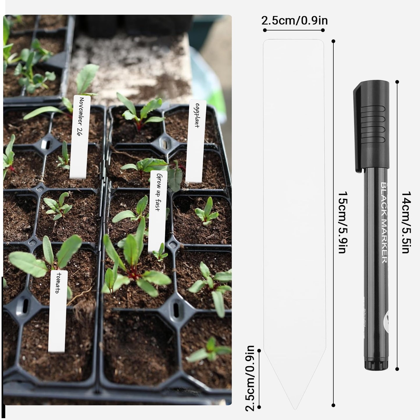 GREANER Window Boxes Planters with 100PCS 6inch White Plant Label, 3PCS 16x3.8 Inch Black Rectangle Planters Box with Drainage Holes and Trays, Herb Succulents Flowers Plastic Pot for Windowsill, Gard