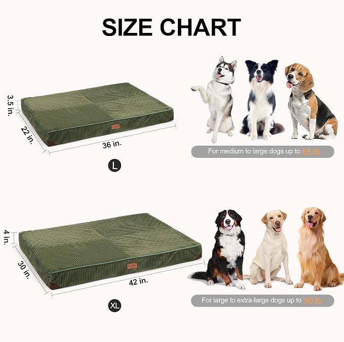 FUKUMARU Dog Bed, Thickened Corduroy Orthopedic Dog Beds with Washable Cover, Large Waterproof Dogs Bed for Crate, 28D Egg Crate Foam Support Pet Mat, Cozy Pet Bed Pad with Anti-Slip Bottom, Green