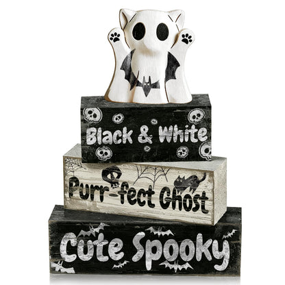 4 Pcs Ghost Cat Halloween Decor Black and White Halloween Tiered Tray Decorations Cute Spooky Rustic Wooden Blocks with Skull Bats Spider Webs Farmhouse Table Centerpiece for Home Office Desk Shelf Mantel Coffee Bar