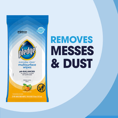 Pledge Multisurface Cleaning Wipes, pH Balanced, Fresh Citrus, 25 Count (Pack of 4, 100 Total Wipes)