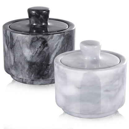 RingsTown 2PCS Natural Marble salt holder with lid, 3.2 in, Unique Veining, Airtight Seal for Salt & Pepper, Ideal for Spice Racks & Countertops(Black & White)