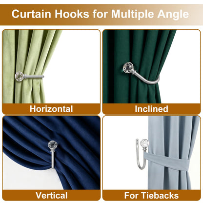 KAMANINA Curtain Holdbacks 2pcs, Silver Curtain Tiebacks Wall Mounted Window Curtains Hooks, Decorative Holders for Drapes with Crystal Finials(5.4" L × 4.1" W)