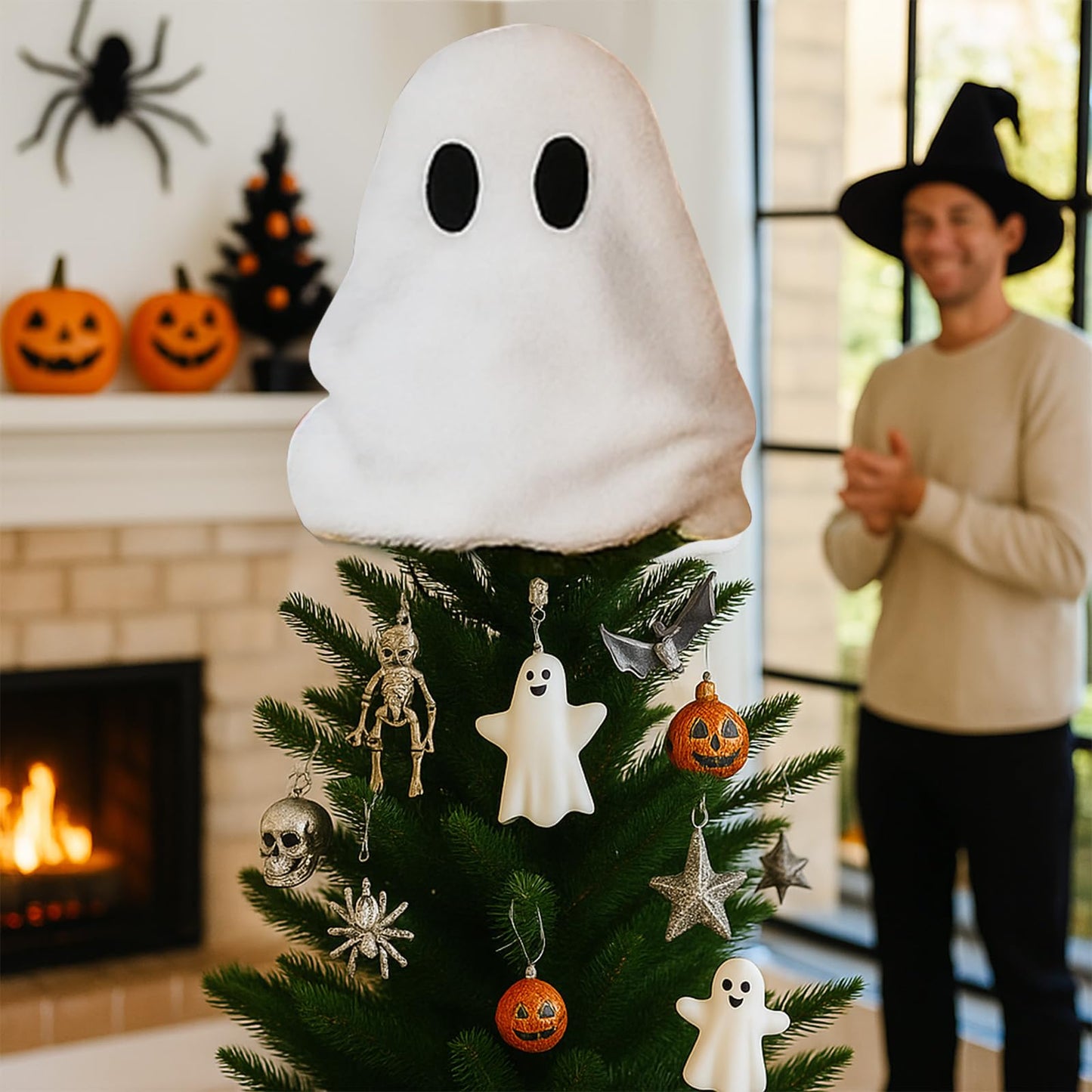 Gejoy Halloween Ghost Tree Topper Decor 13 Inches White Ghost Elf Halloween Tree Topper Ornaments for Holiday Party Favors Supplies Decor