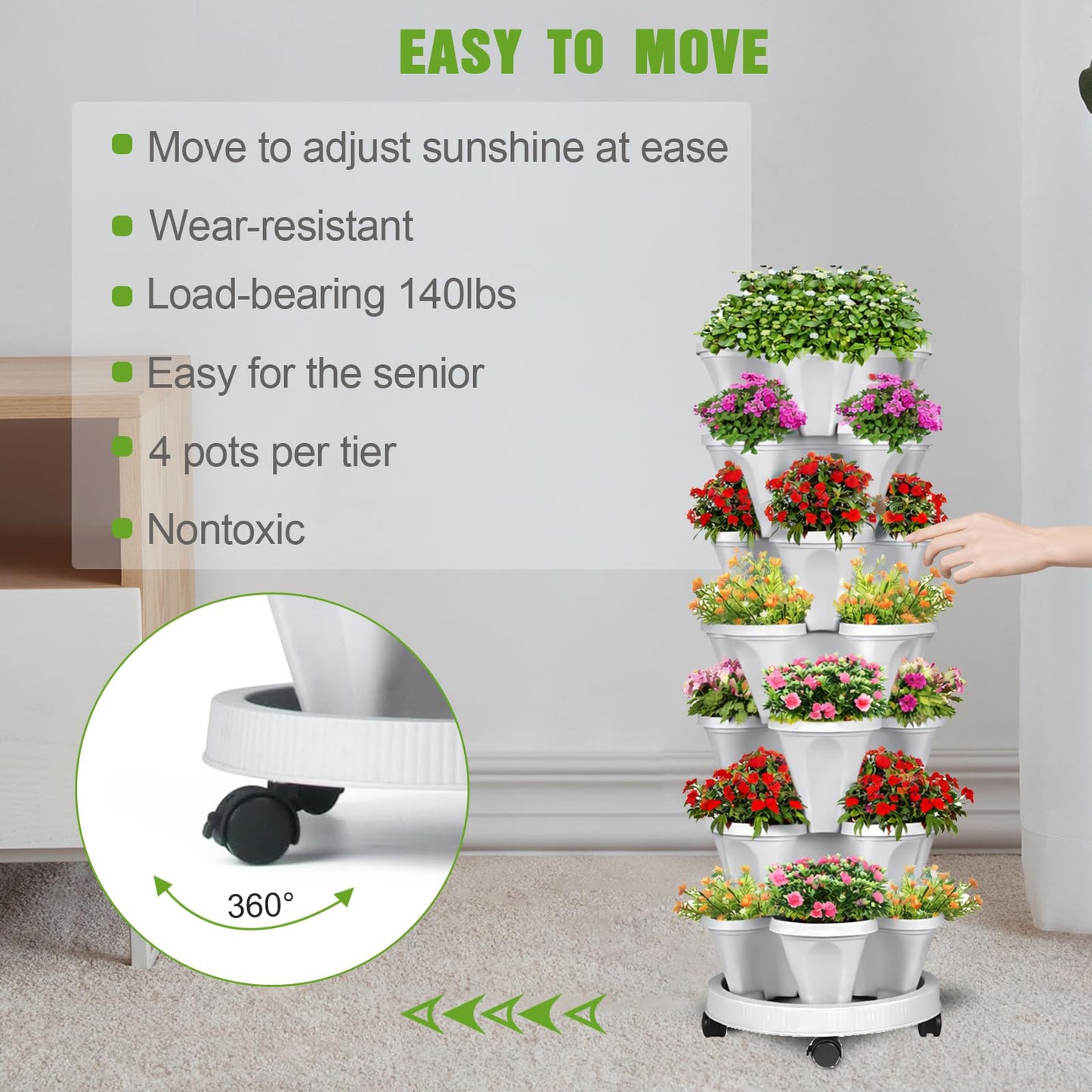 Bociks Vertical Strawberry Planter 7 Tier Stackable Tower Herb Planters-Stacking Garden Outdoor Grey Planter Pot with Tools Mover for Succulents, Vegetables and Flowers