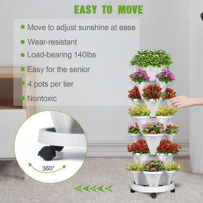 Bociks Vertical Strawberry Planter 7 Tier Stackable Tower Herb Planters-Stacking Garden Outdoor Grey Planter Pot with Tools Mover for Succulents, Vegetables and Flowers