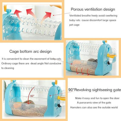 kathson Hamster Cage Travel Carrier Portable Cage with Water Bottle Outgoing Cage and Adjustable Strap Pet Cage for Small Pet Hedgehog Sugar Glider Squirrel Mice（Blue）