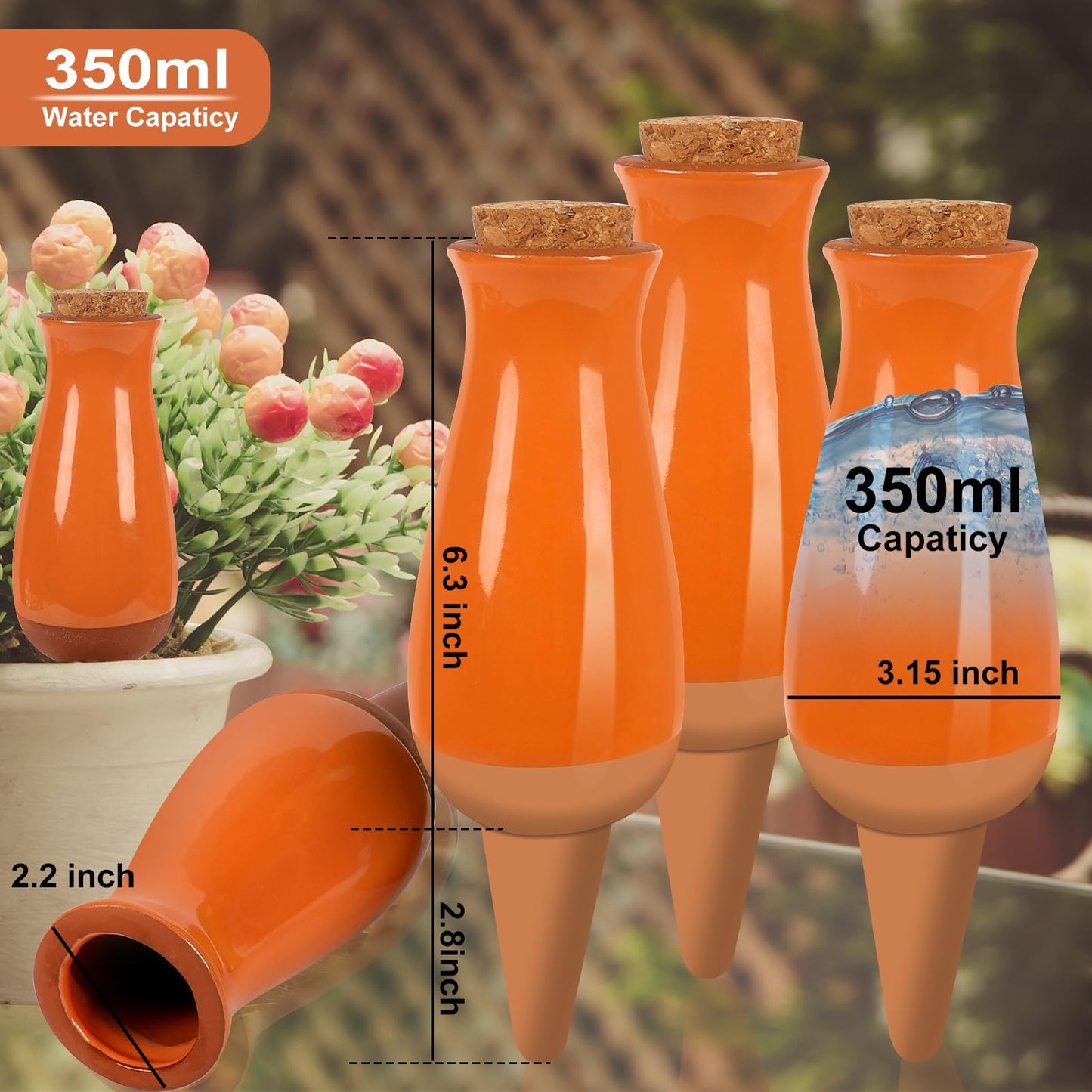 4 Packs Ollas Plant Watering Globes, 12 Oz Terracotta Self Watering Planter Insert, Automatic Watering Devices, Clay Drip Irrigation Stake for Indoor & Outdoor Plants, 1 Week Easy to Refill(Orange)