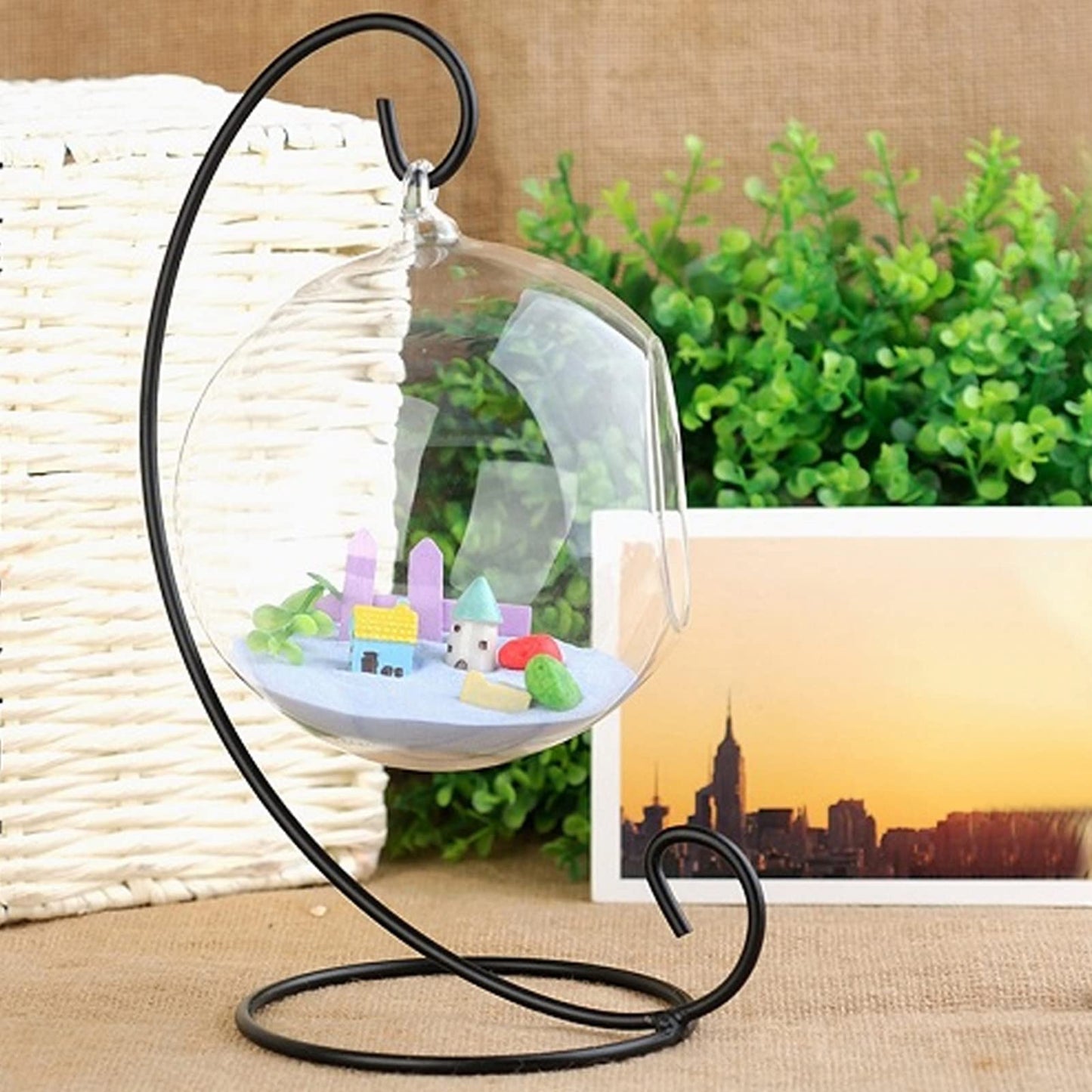 Hanging Glass Terrarium with Iron Stand, 4.7 Inch Ball Shape Planter for Succulents & Air Plants, Borosilicate Glass Planter for Indoor Plants, Hanging Terrarium Bowl for Home Desk Office Decor