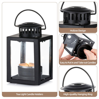 Small Candle Lanterns Decorative Outdoor: 4 Pcs Black Hanging Tea Lights Candle Holder for Table Centerpiece Fireplace Wedding Christmas 3.9" Glass Farmhouse Decor