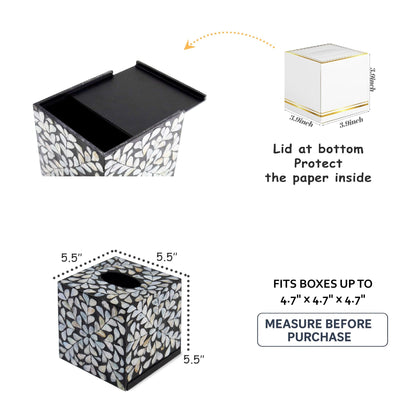 PEMAR Handcrafted Wooden Tissue Box Cover for Small Cube Tissue Boxes Only (Max Inner Size 4.7”) – Mother of Pearl Inlay Decorative Tissue Holder for Bathroom, Living Room & Office (White Vines)
