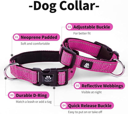 IVY&LANE Reflective Dog Collar and Leash Set,Adjustable Neoprene Padded Dog Collars, Breathable Nylon Pet Collar for Small Medium Large Dogs (Medium,Fuchsia Pink)