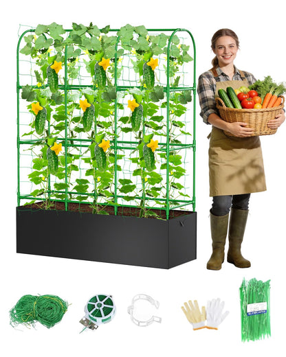 Cucumber Trellis with Grow Bags for Garden, 63in Tall Garden Trellis for Climbing Plants, Metal Plant Trellis with Garden Netting for Vegetables Flowers Fruits(4 Arches)(U-Shape)