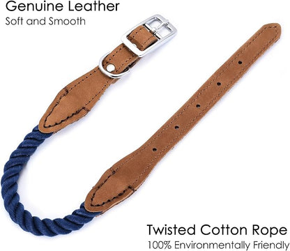 Mile High Life Genuine Leather Dog Collar, Durable Braided Cotton Rope Collar with Metal Pin Buckle for Small Medium Large Dogs (Navy Blue, S Neck 11"-15")