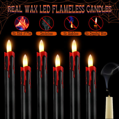 Sratte 6 Sets Halloween Blood Dripping Candle Decoration Led Flameless Candle with Candlestick Holder and Remote Battery Operate Vampire Tears Scary Creepy Decor for Indoor Home(Black Holder)