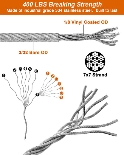 220 FT 1/8" Wire Rope Kit, 304 Stainless Steel Cable with M5 Turnbuckles for Cables Wire, Vinyl Coated String Lights Hanging Wires for Outdoor Camping, Trellis, Garden, Clothes line, Curtain, Festival