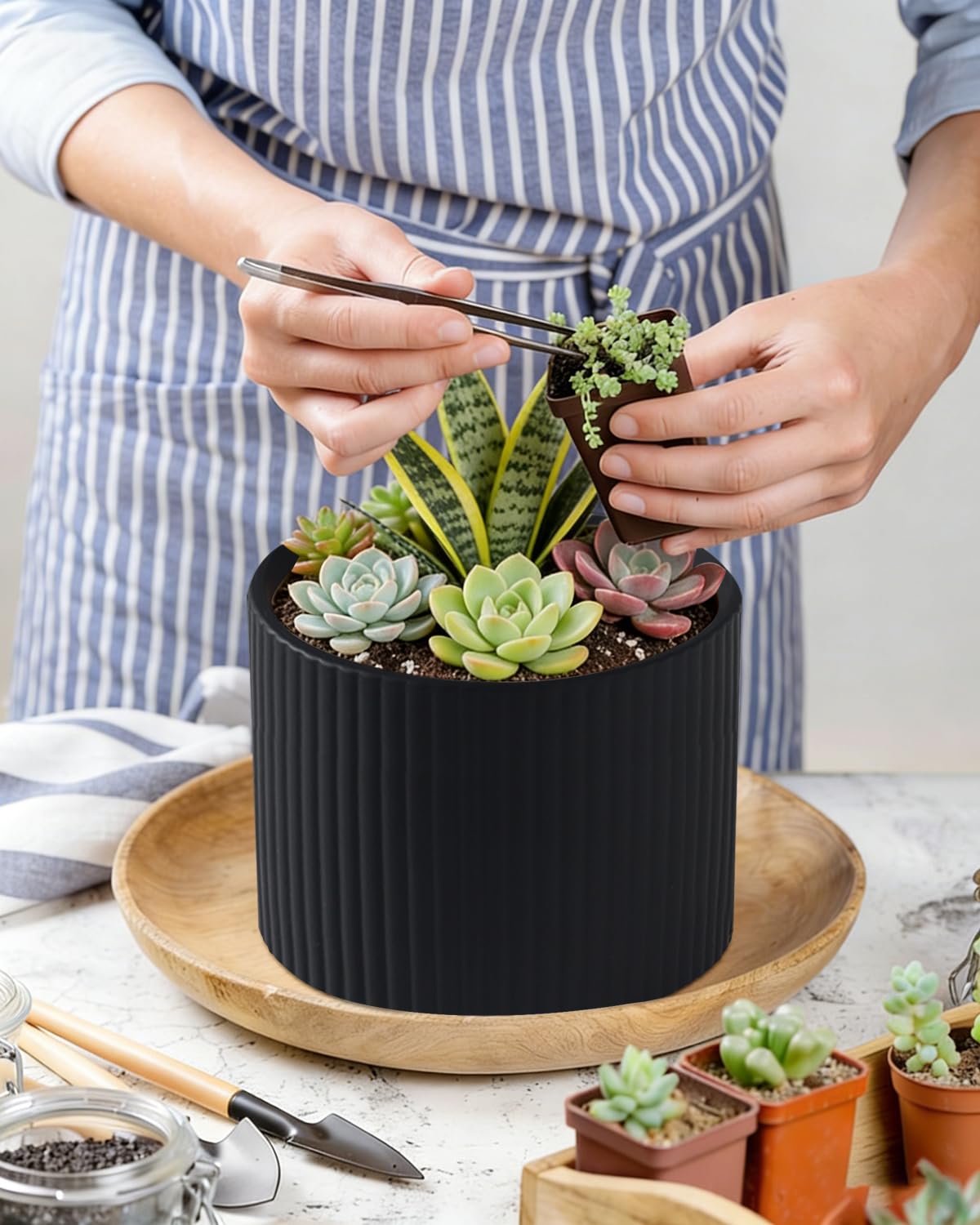 Swkien Matte Black Ceramic Plant Pots, 8.1 + 6 Inch Planters for Indoor Plants, Modern Flower Pots with Drainage, Two-Sizes Set