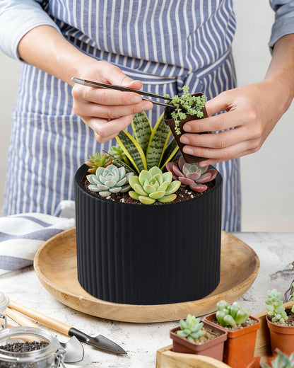 Swkien Matte Black Ceramic Plant Pots, 8.1 + 6 Inch Planters for Indoor Plants, Modern Flower Pots with Drainage, Two-Sizes Set