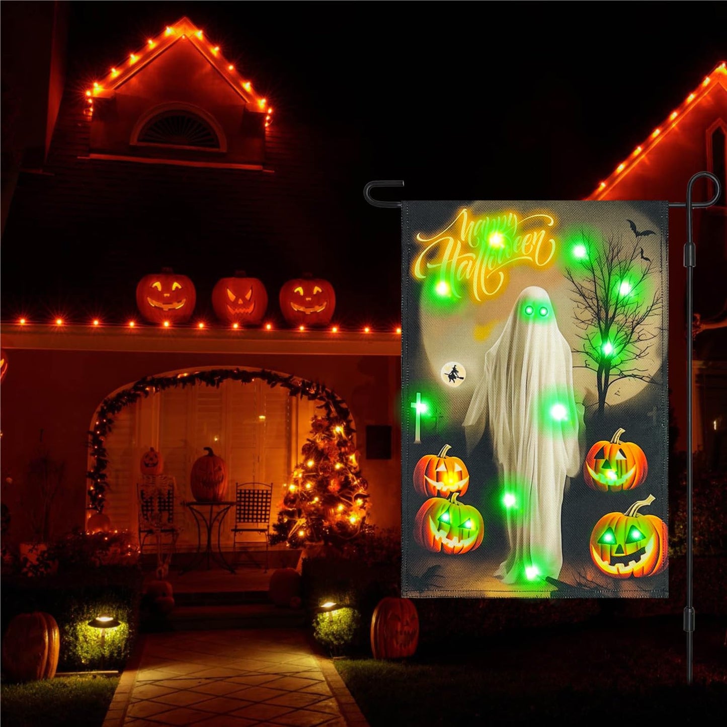 Vigor Home Solar Happy Halloween Lighted Garden Flag Double Sided 12×18 Inch, 8 Modes Led Small Vertical Ghost Pumpkins Spooky Night Yard Flags for Outside Front Porch Lawn Outdoor Decor