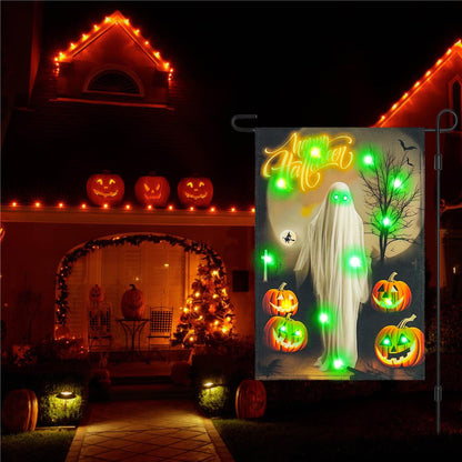 Vigor Home Solar Happy Halloween Lighted Garden Flag Double Sided 12×18 Inch, 8 Modes Led Small Vertical Ghost Pumpkins Spooky Night Yard Flags for Outside Front Porch Lawn Outdoor Decor