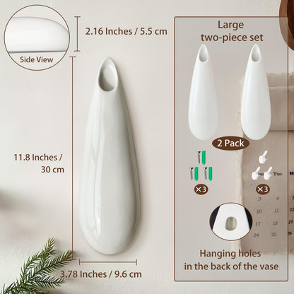 2 Pack White Ceramic Wall Vases,11.8 Inch Wall Hanging Plant Holder,Cubicle Modern Decor Plant Holder Vase for Indoor Plants, Hanging Propagation Flower Pots for Air Vases