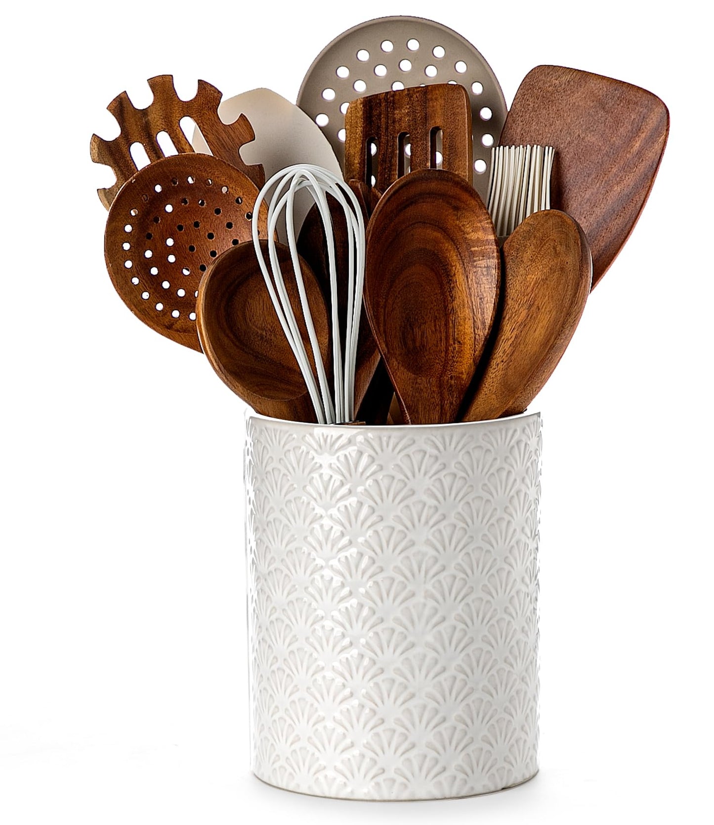 Nucookery 6.4'' Utensil Holder - Ceramic Utensil Holder for Kitchen Counter, Large Capacity Countertop Storage, Farmhouse Style Utensil Crock Organizer for Spoons, Spatulas & Cooking Tools