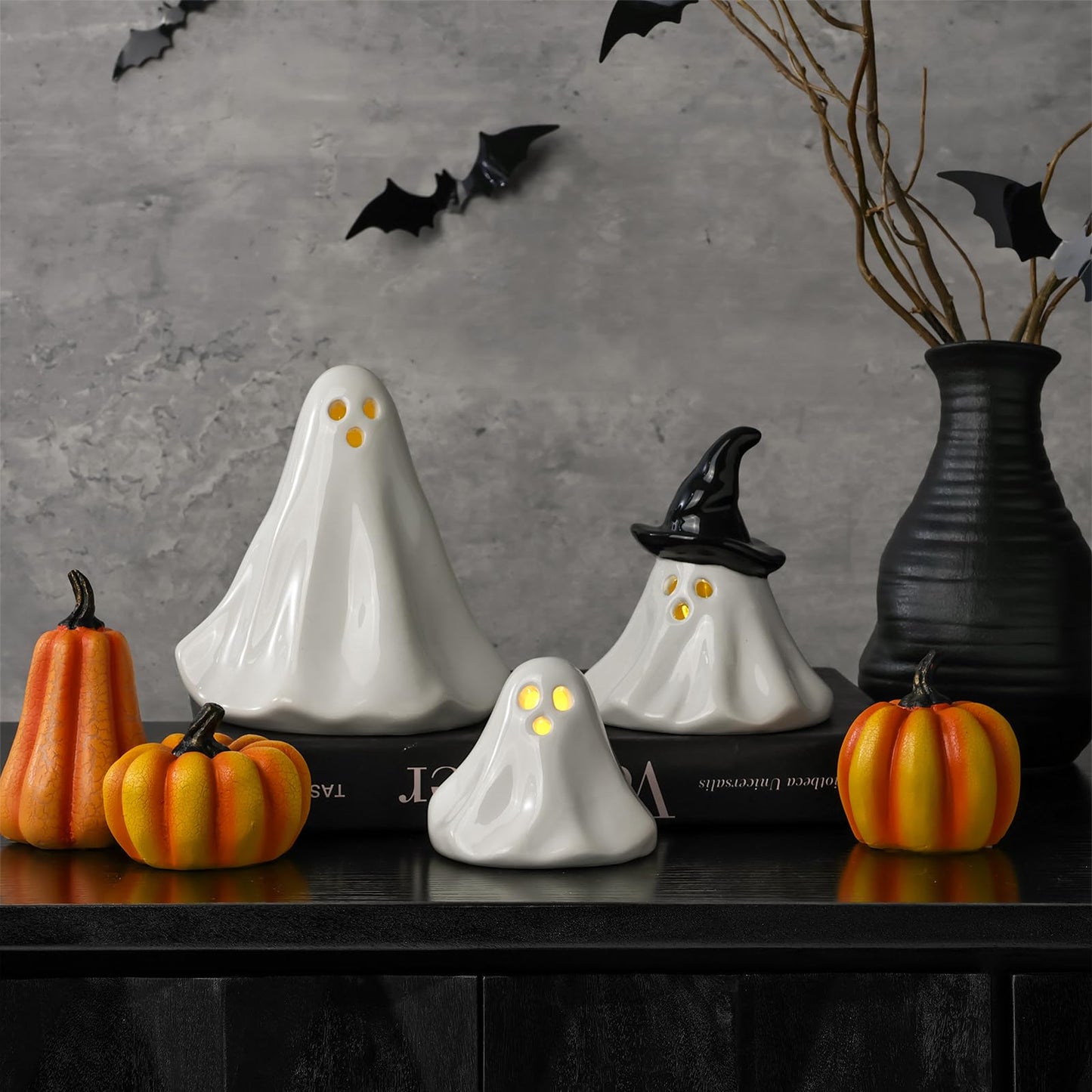Halloween Ghost Decorations Indoor: 3ct Light Up Ceramic Ghost Decor, Cute Halloween Decor Figurines with LED Tea Lights for Table Desk Tiered Tray Mantel Home Office Home Farmhouse Girls Kids Party