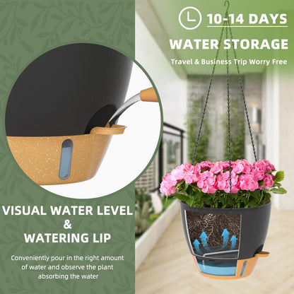 ZMTECH 12 Inch Large Self Watering Hanging Planters for Indoor Outdoor Plants - Water Level Indicator & Removable 60 Oz Reservoir, 1 Pack Plastic Hanging Basket for Window Porch Garden Balcony, Black