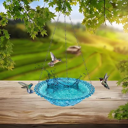 4 Pack Hanging Bird Baths Bowl Outdoor Bird Feeder 15.7 Inch Metal Chains, Weather-Resistant Hanging Bird Feeder & Bath Tray for Garden, Patio, Backyard Wildlife Decor (2P Blue)