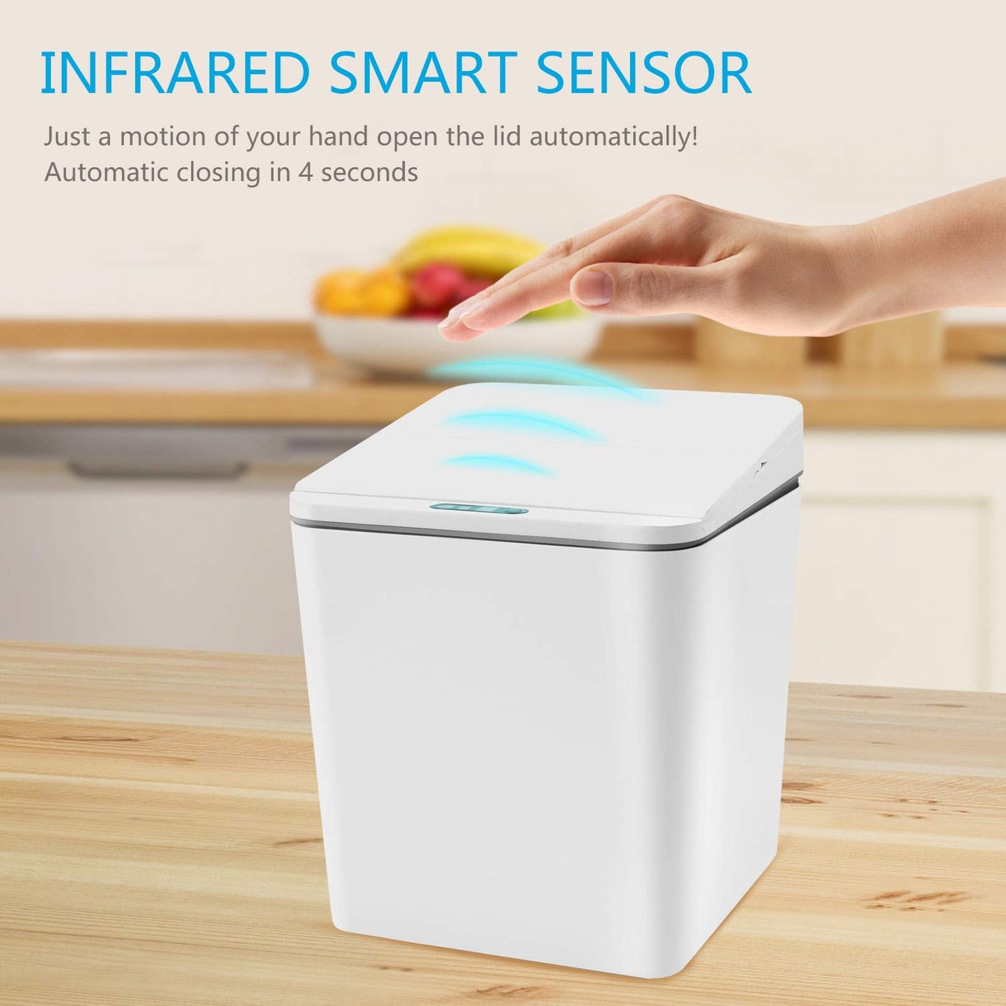 FEBHBRQ Automatic Small Countertop Trash Can, Rechargeable Mini Desktop Waste Bin with Lid for Office Desk/Bedside Table/Coffee Bar, White-1.5 Gal