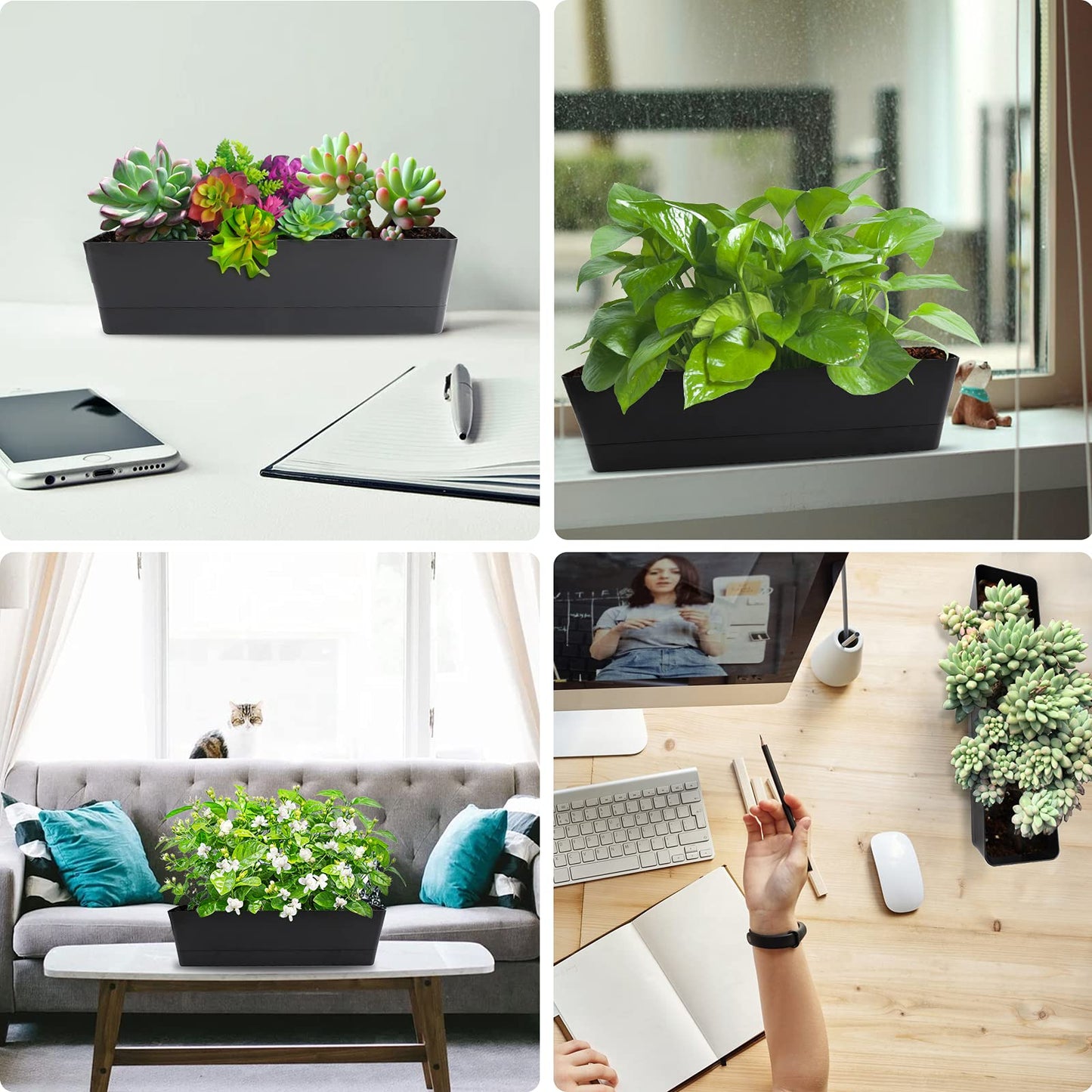 GREANER Window Boxes Planters with 4inch Colorful Plant Label, 3PCS 16x3.8 Inch Black Rectangle Planters Box with Drainage Holes and Trays, Herb Succulents Flowers Plastic Pot for Windowsill, Garden,