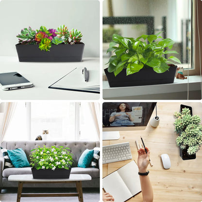 GREANER Window Boxes Planters with 4inch Colorful Plant Label, 3PCS 16x3.8 Inch Black Rectangle Planters Box with Drainage Holes and Trays, Herb Succulents Flowers Plastic Pot for Windowsill, Garden,