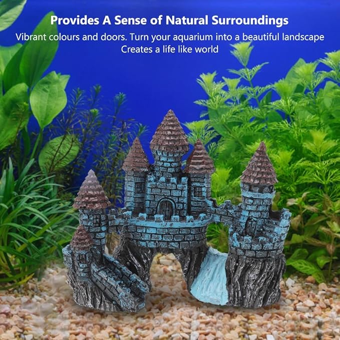 5.5 Inch Blue Resin Castle Fish Tank Ornament Vintage Simulation House Cave Hideouts Aquarium Fish Tank Decoration