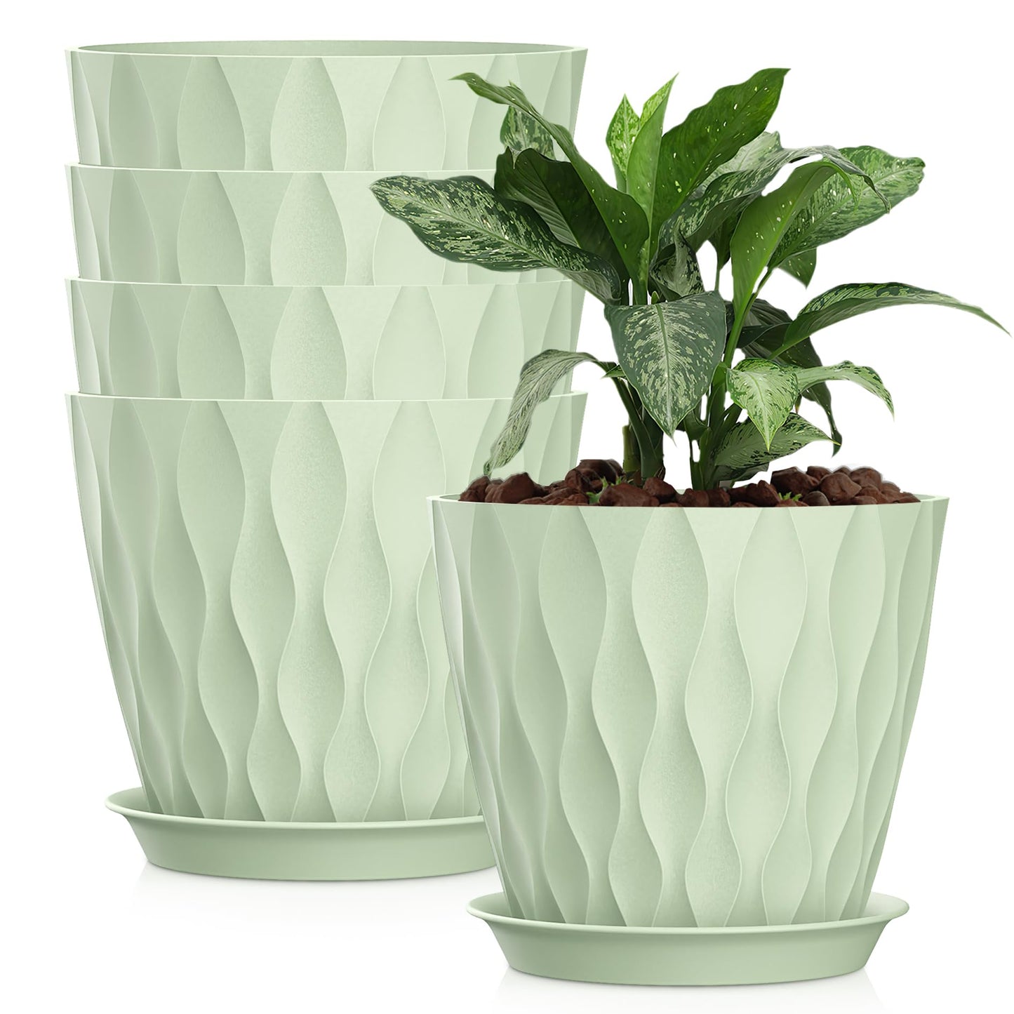 SQKH 8 Inch Plastic Plant Pots,Set of 5 Flower Pots,Planters with Drainage Holes & Saucers, Indoor Outdoor Garden Pots for Home Decor(Green)