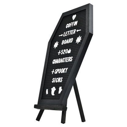 Coffin Letter Board - 520 Characters Spooky Halloween Characters with Wooden Stand and Canvas Bag - 16x11 Inches - Felt Message Board for Home Office Halloween Supplies & Decor (Black)
