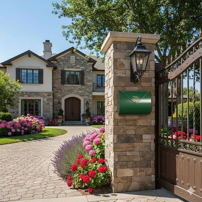 Green Wall Mount Mailbox for Outside,Waterproof Metal Mailboxes with Rust-Proof Galvanized Steel,Large Capacity Envelope Mailbox for House,12.99 x 10.35 x 3.5 Inch