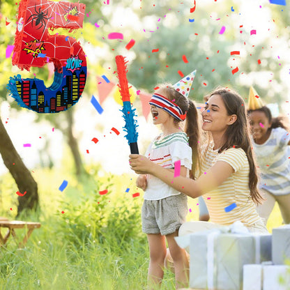 Number 5 Spider Pinata Bundle with 16 Inch Piñata Stick Blindfold Confetti for Hero Birthday Party Decoration Anniversary Celebration Gift Spider Party Favors for Kids, 16 x 11.6 x 2.4 Inch
