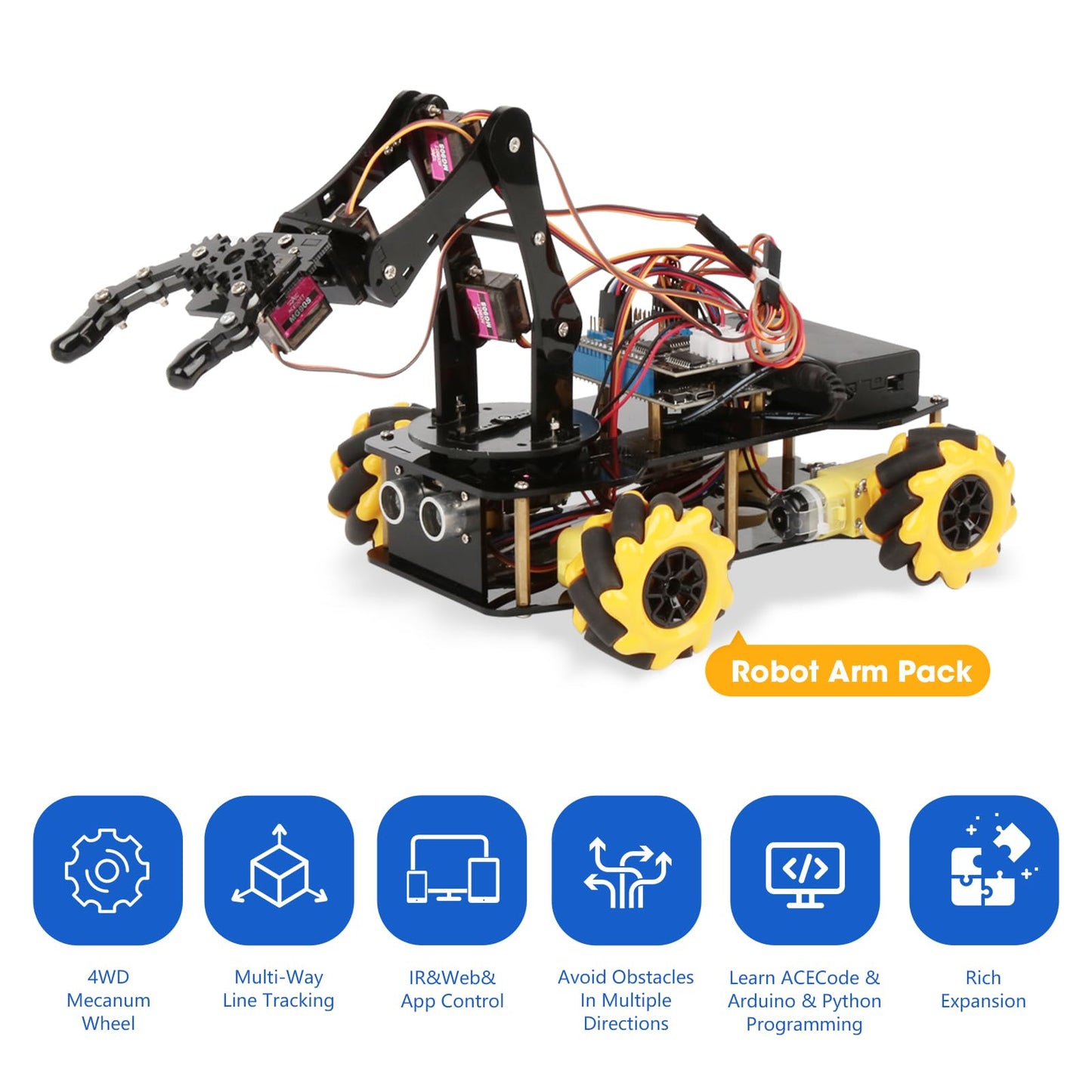 ACEBOTT 5DOF Smart Robot Arm Car Kit, 4WD Remote Control Car Compatible with Arduino/Python/Blockly Programming Project/STEM Education/Science Coding Kit for 12+ Teens and Adults Unique Gifts