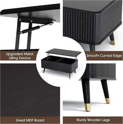JOINICE Lift Top Coffee Table with Storage, Modern Black Fluted Design, Pop-Up Center Table with Hidden Compartment for Living Room & Home Office Work/Dining
