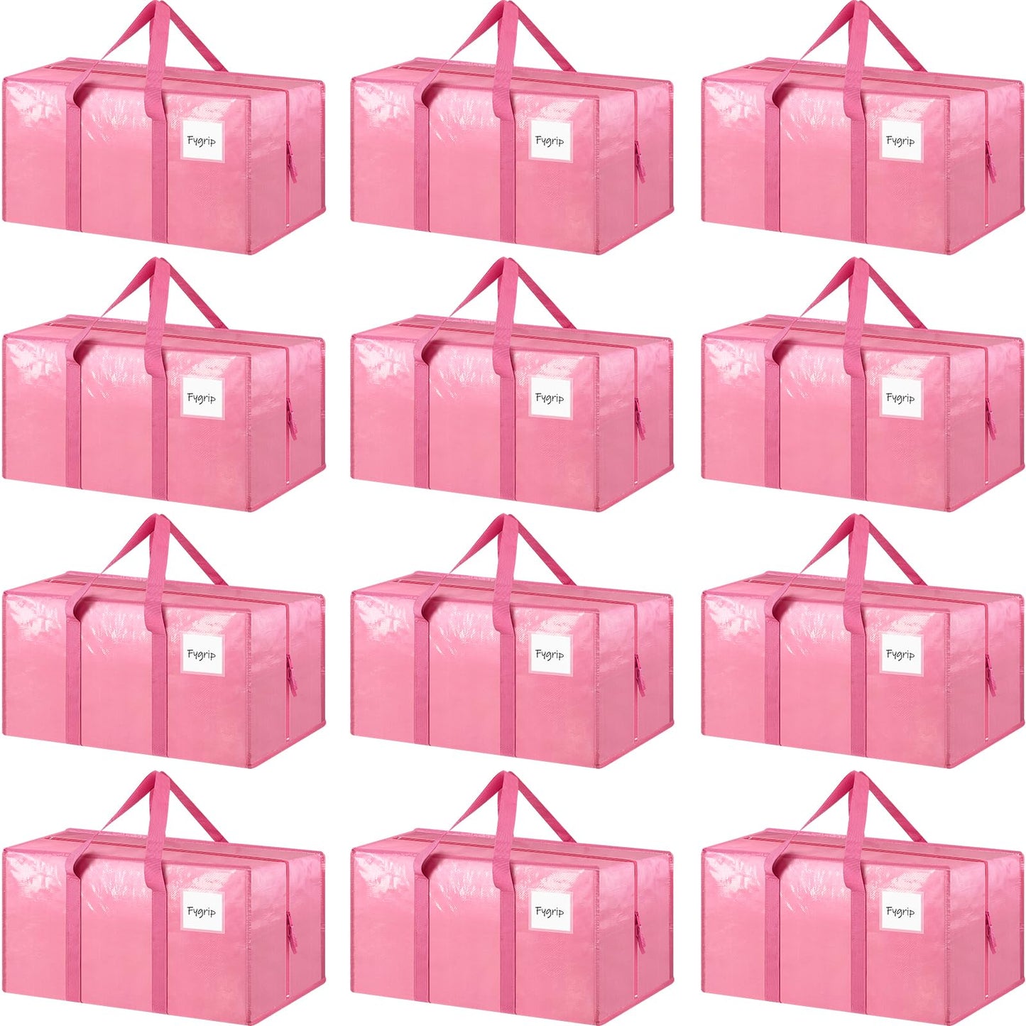 12 Pack Extra Heavy Duty Large Moving Bags with Strong Zipper & Comfortable Handles, Sturdy & Durable Clothes Storage Bags Totes Bins, Packing Moving Boxes for College Supplies, Pink