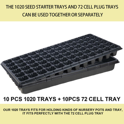 Hourleey 20 Pack Trays Include 10 Pack 1020 Seed Starter Trays and 10 Pack 72 Cell Plug Trays, Thick Durable Plastic Plant Nursery Tray, Propagation Tray for Seedlings Microgreens Fodder Plant