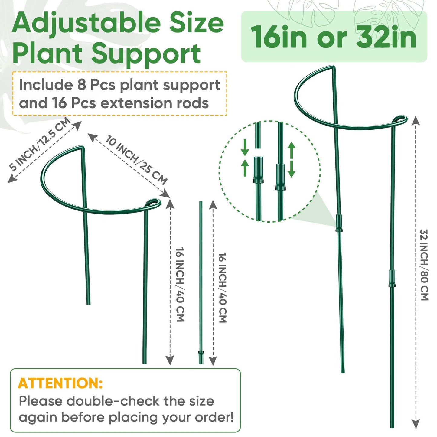 8 Pack 32 or 16 inch Adjustable Plant Support Stakes, Heavy-Duty Half Round Peony Support, Garden Plant Stakes Cage for Outdoor Plants, Peony, Tomato, Hydrangea, (16In Support +16In Extension Tubes)