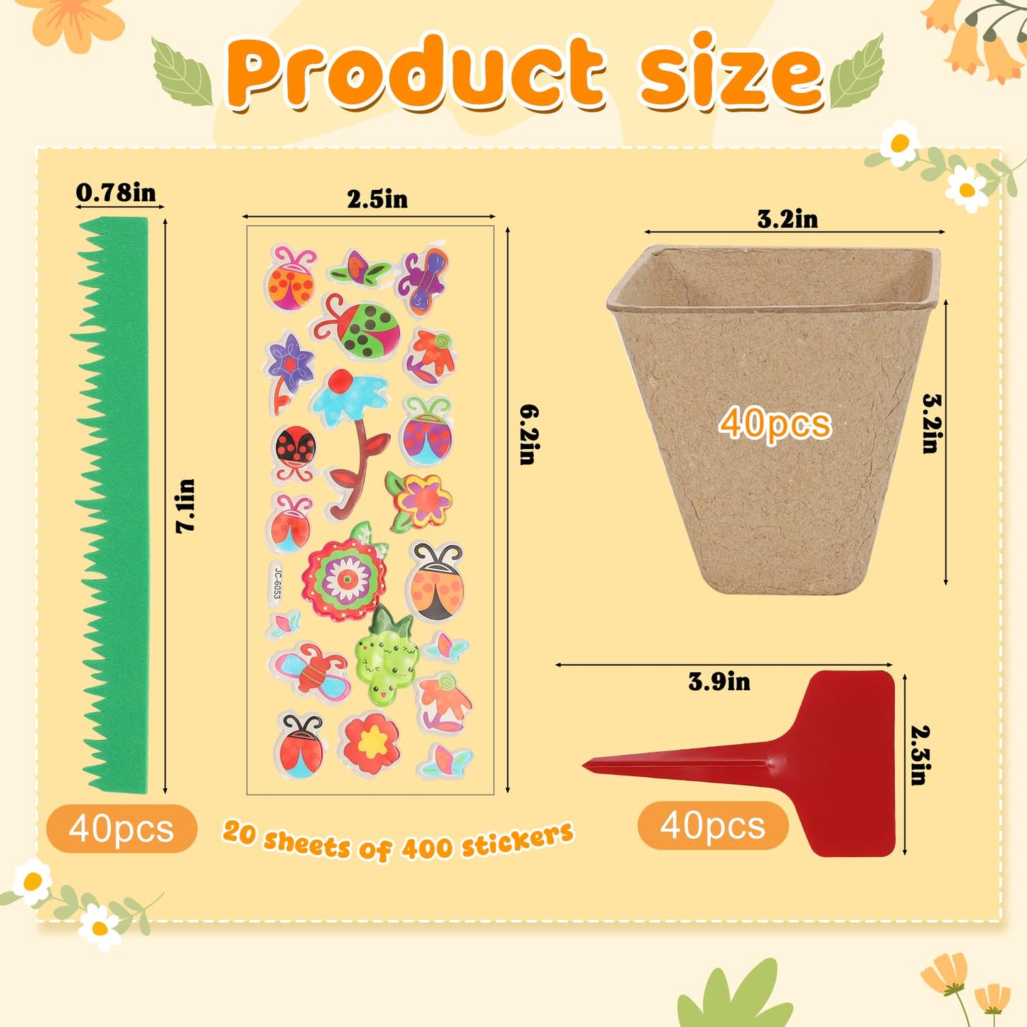 NNG 40 Set Garden Paper Pot Craft Kit,40Pcs Square Paper Mache Pots Peat Plant Pots with 400pcs Adhesive Foam Stickers & 40Pcs Pots Labels,Flower Plant Spring Craft for DIY Flower Planting