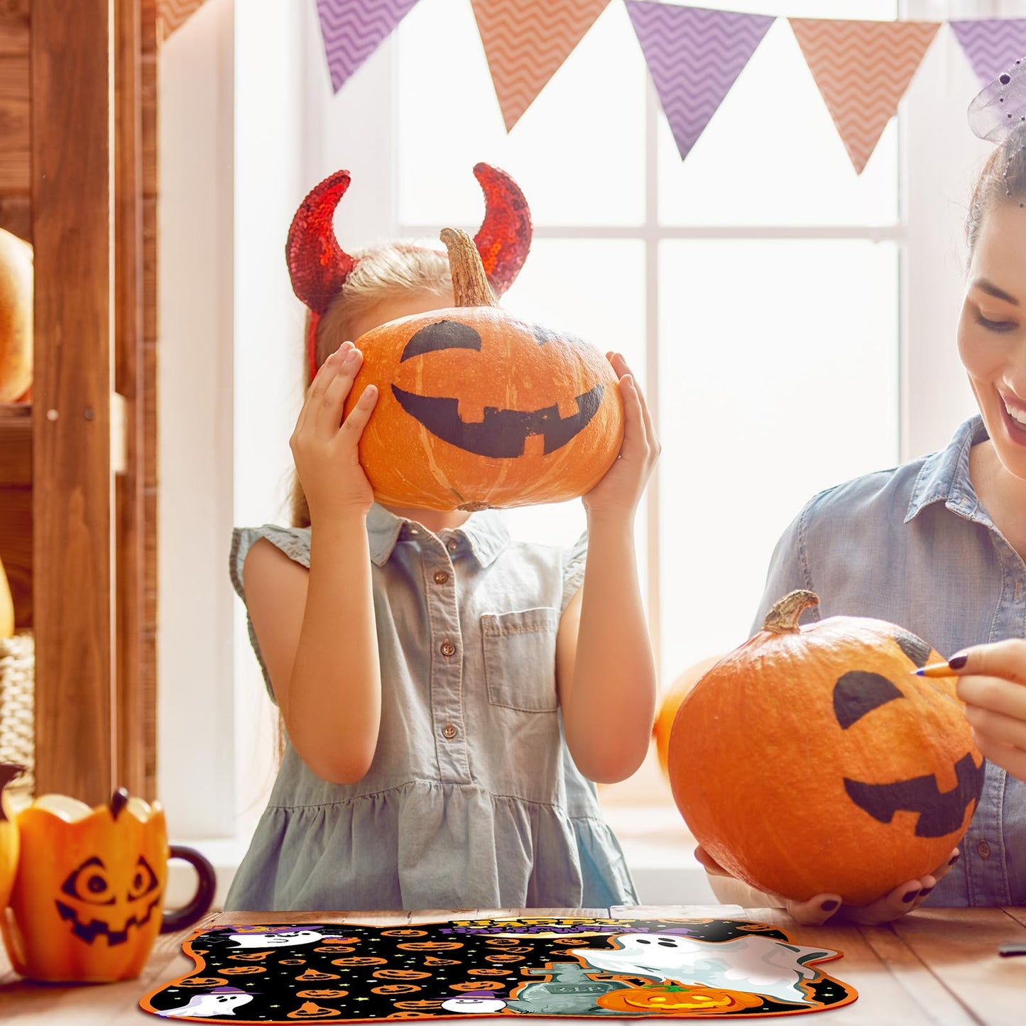 6 Pcs Halloween Placemats Plastic Pumpkin Spider Ghost Witch Happy Halloween Table Mats Boo Purple Blue Orange Spooky Waterproof Placemat for Kitchen Home Table Party Decoration, 11.81 x 15.75 Inch