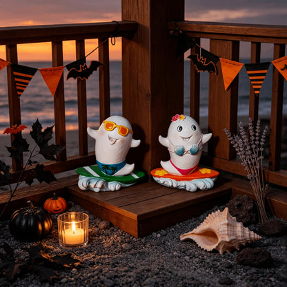 DiliComing Summerween Ghost Figurines Summer Decor - 4 Inch Set of 2 Cute Surfing Ghost Resin Statues Summer Party Tropical Beach Themed Collectible Figurines for Home Decor Halloween Decorations