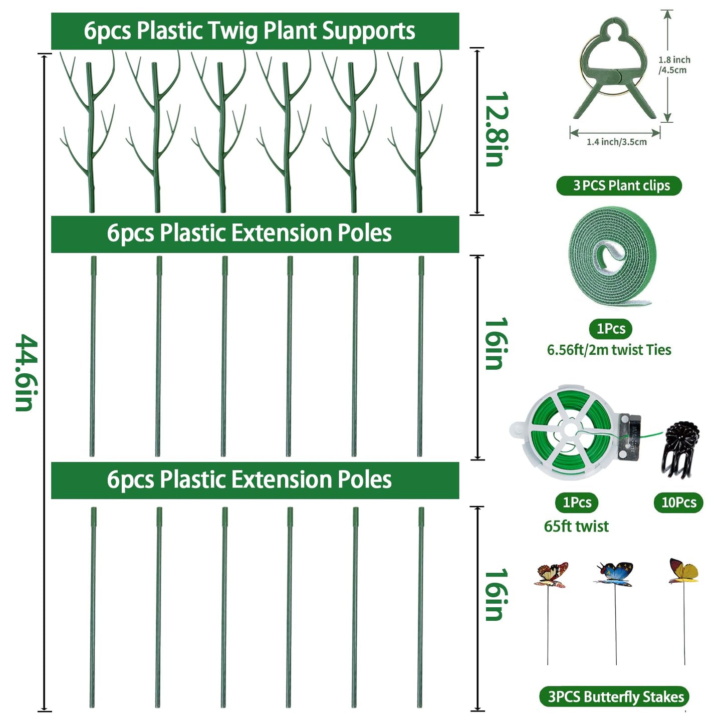 6 Pack Plant Support Plant Stakes for Indoor and Outdoor Plants, 44.8” Plant Sticks with Plant Clips Twist Tiers and Plant Tiers for House Potted Plants, Monstera Plant Support for Climbing Plants
