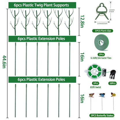 6 Pack Plant Support Plant Stakes for Indoor and Outdoor Plants, 44.8” Plant Sticks with Plant Clips Twist Tiers and Plant Tiers for House Potted Plants, Monstera Plant Support for Climbing Plants