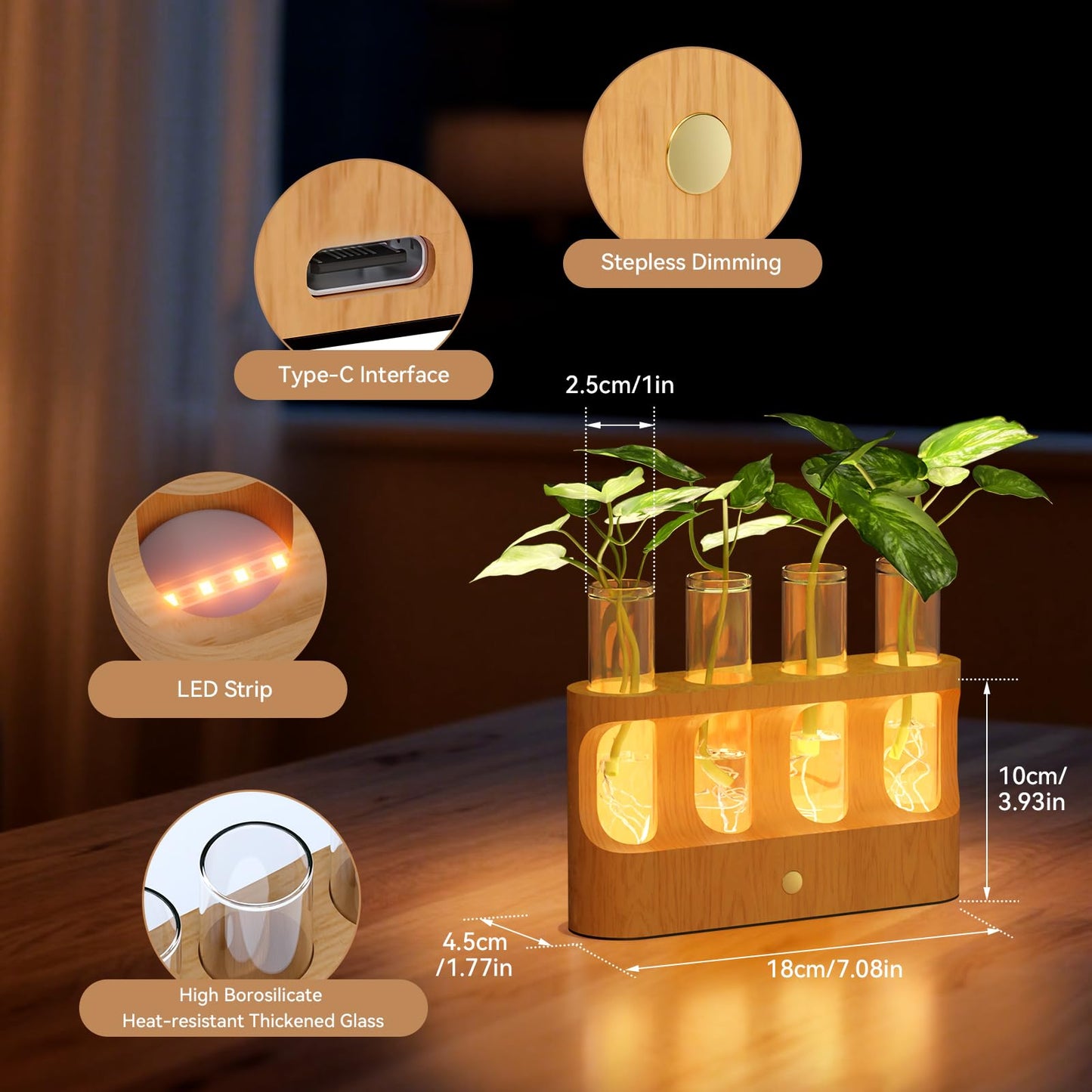 Lightalent Rechargeable Plant Propagation Station with Stepless LED Light, Wooden Stand & 4 Propagation Test Tubes, Hydroponic Plant Terrarium for Indoor Home Decor, Gift for Plant Lovers and Mothers